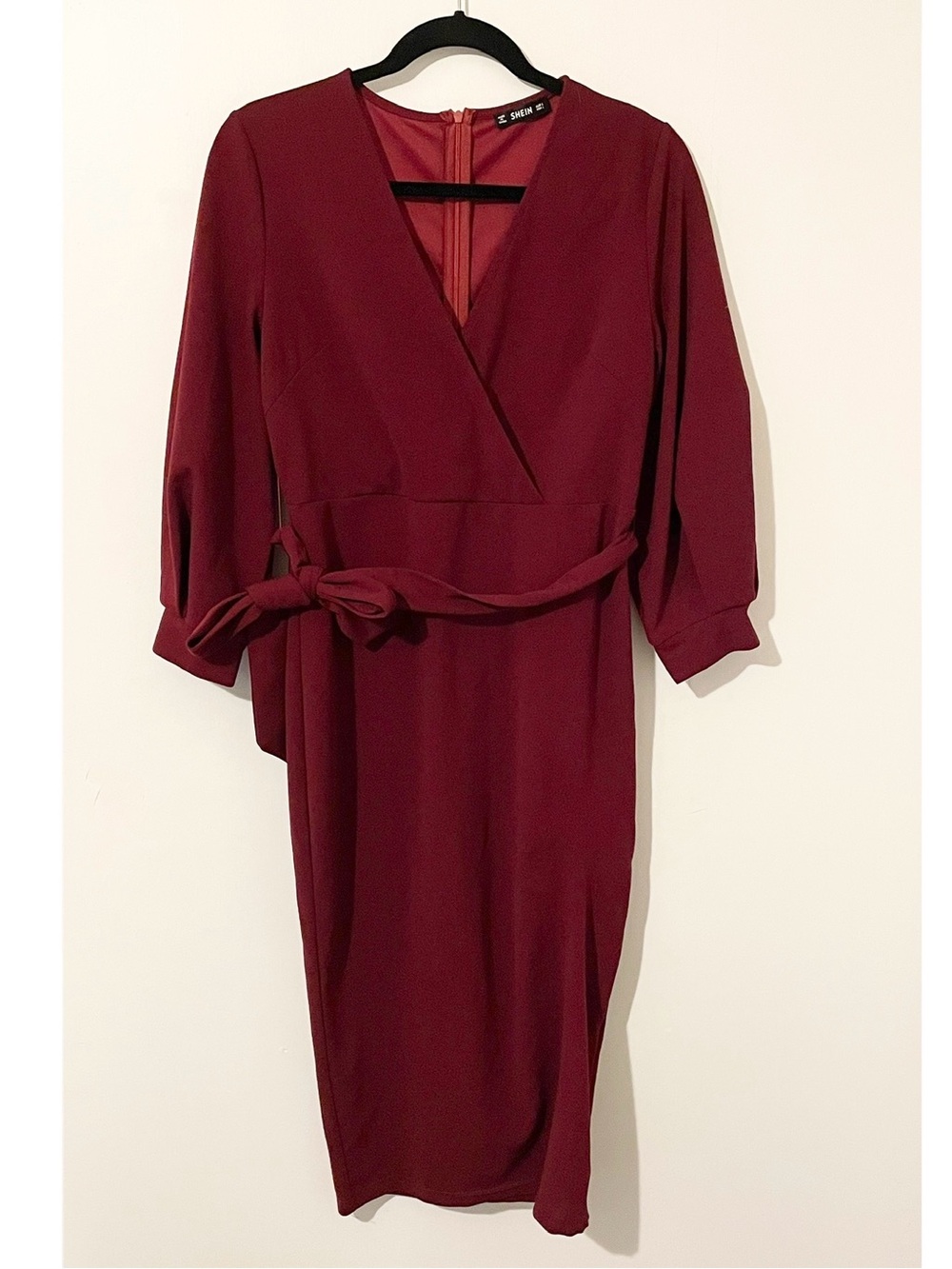 SHEIN Maroon Holiday Red Midi Long Sleeve Wrap Dress Tie Waist Belt Size Large